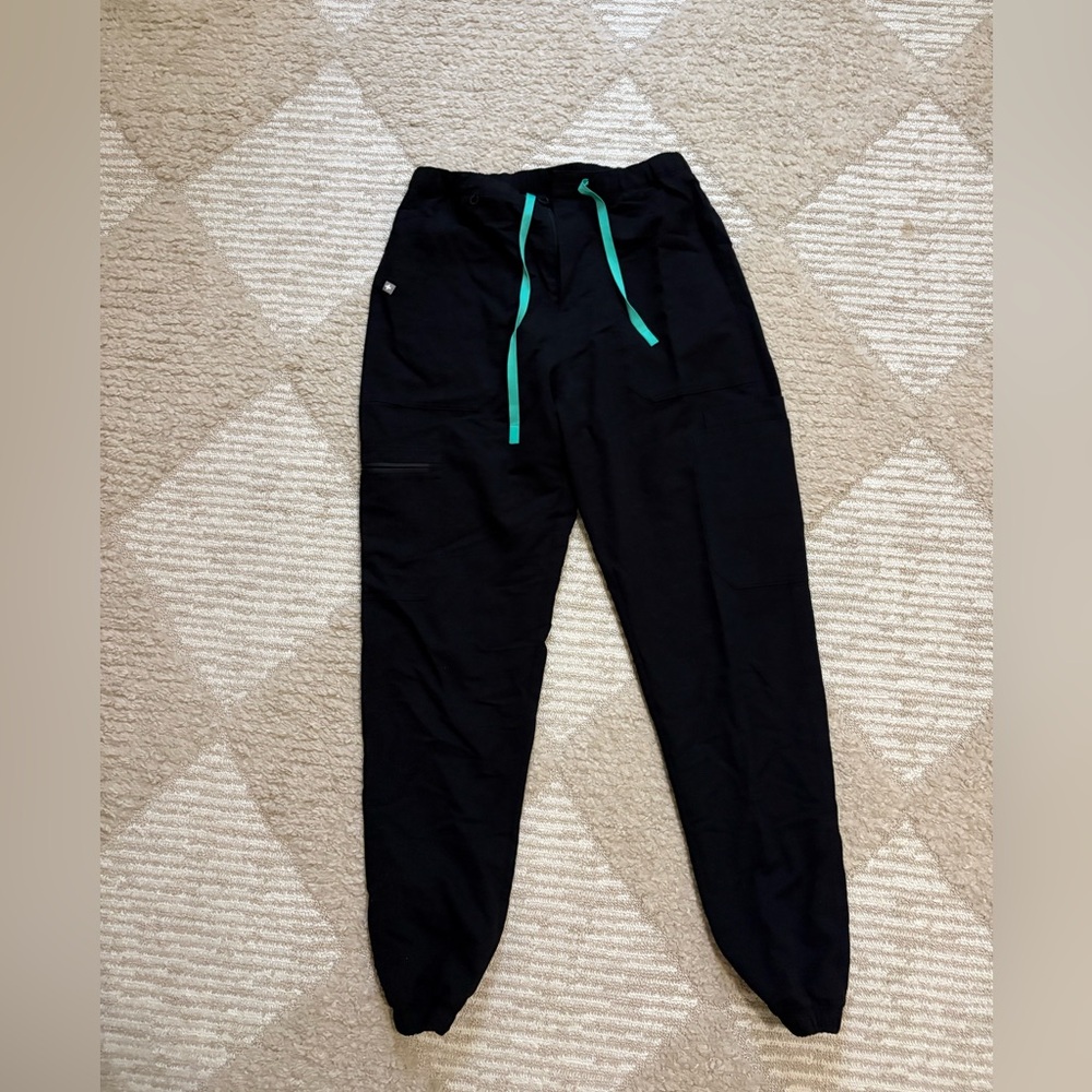 Figs Black Joggers scrubs with Green Drawstring